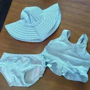 Ruffle but 0 to 12 swim set, light blue and white seersucker.